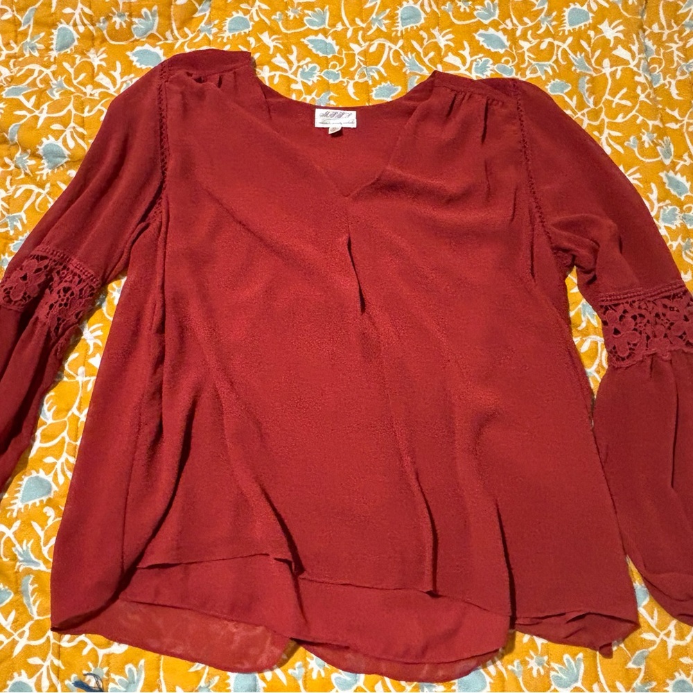 Chic brick red Blouse with Crochet Detail